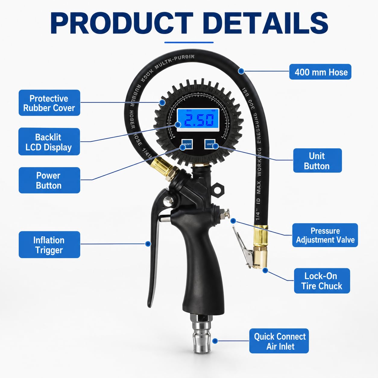 SEAPENG DP-101 Digital Tire Inflator Gauge, 5-220 PSI - Image 6