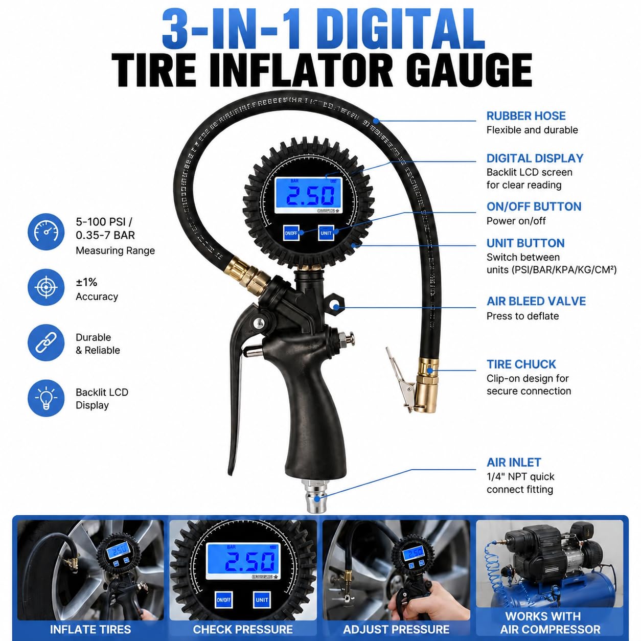 SEAPENG DP-101 Digital Tire Inflator Gauge, 5-220 PSI - Image 11