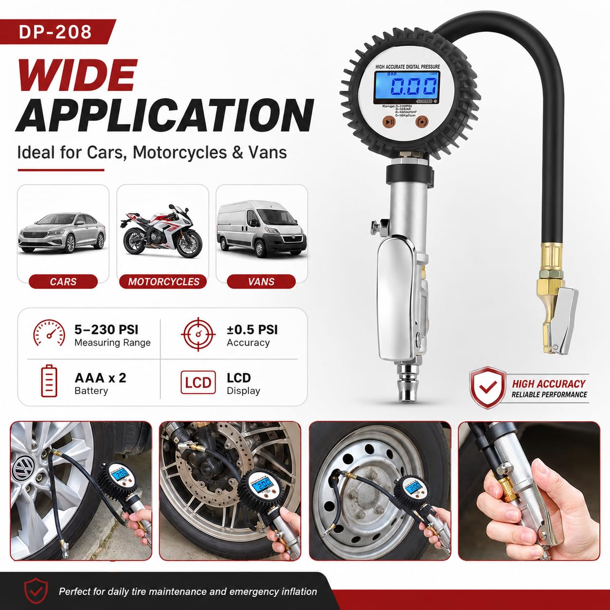 SEAPENG DP-208 Digital Tire Inflator Gauge, 5-230 PSI - Image 2