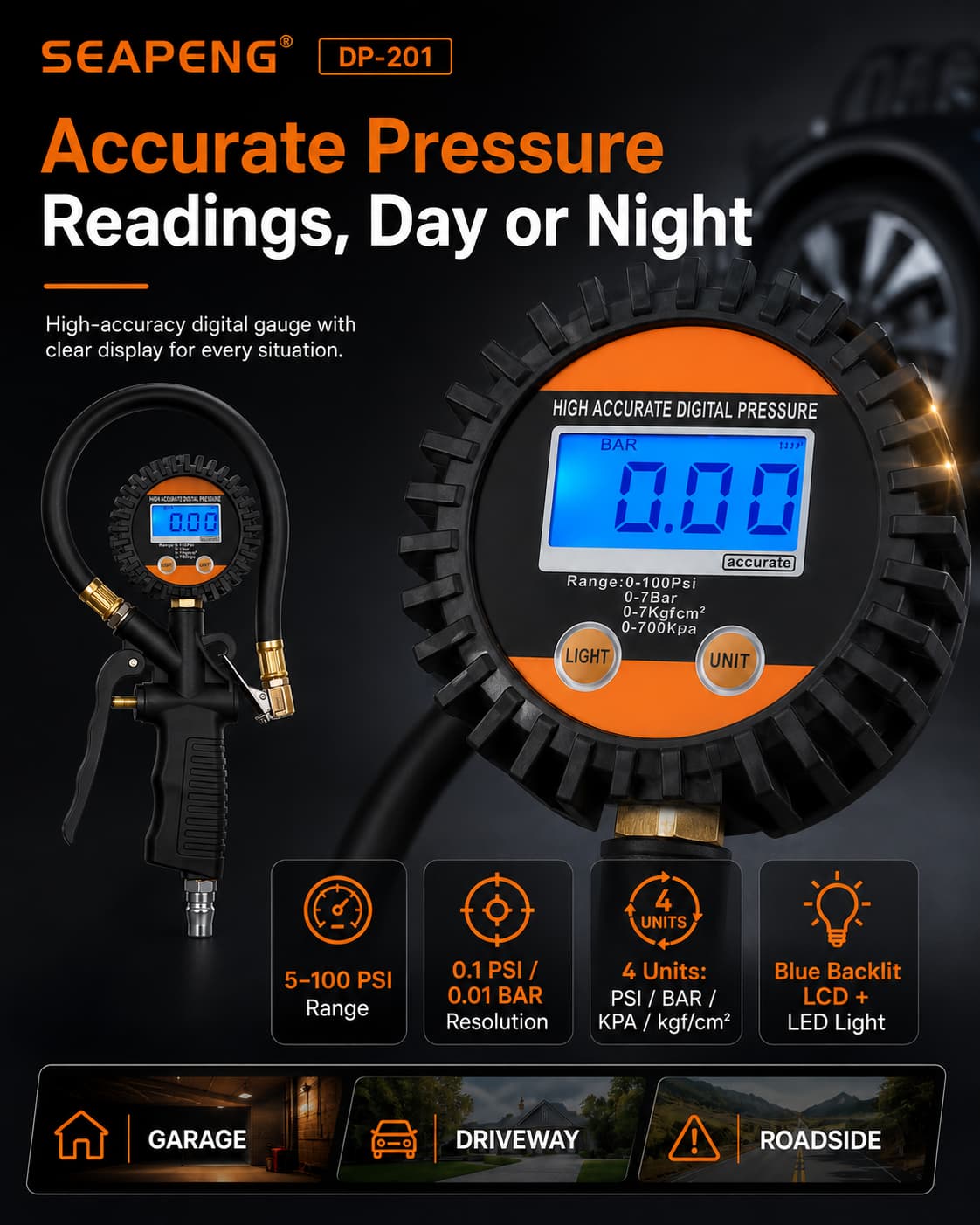 SEAPENG DP-201 Digital Tire Pressure Gauge, 5-100 PSI - Image 3