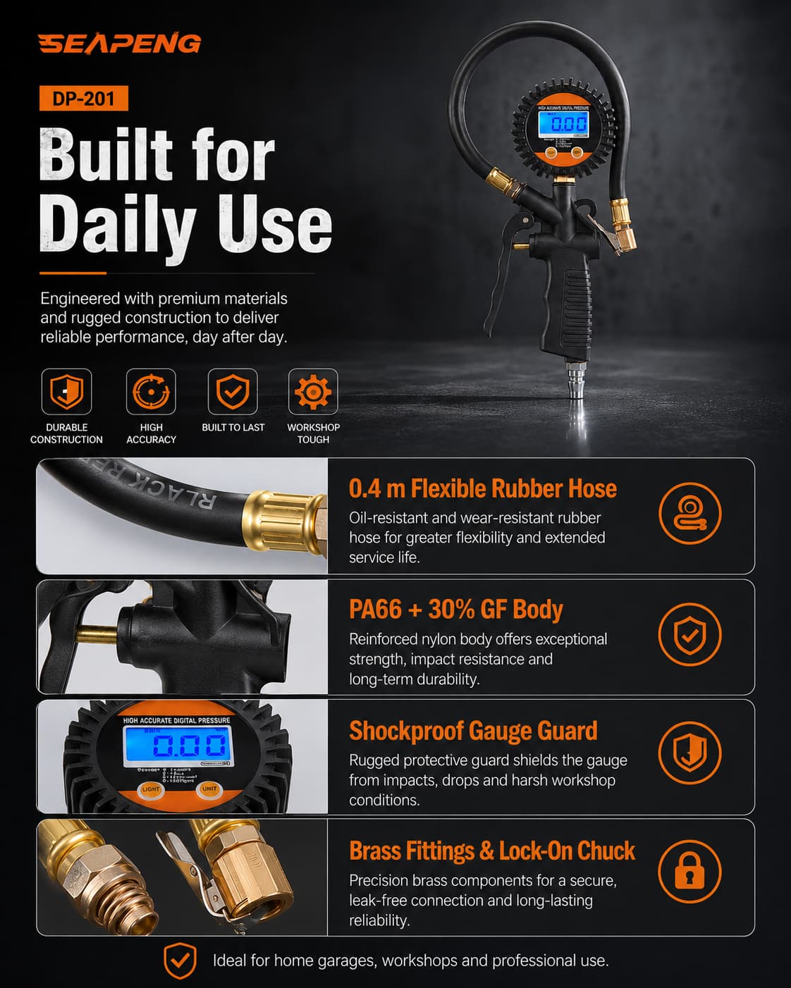 SEAPENG DP-201 Digital Tire Pressure Gauge, 5-100 PSI - Image 6