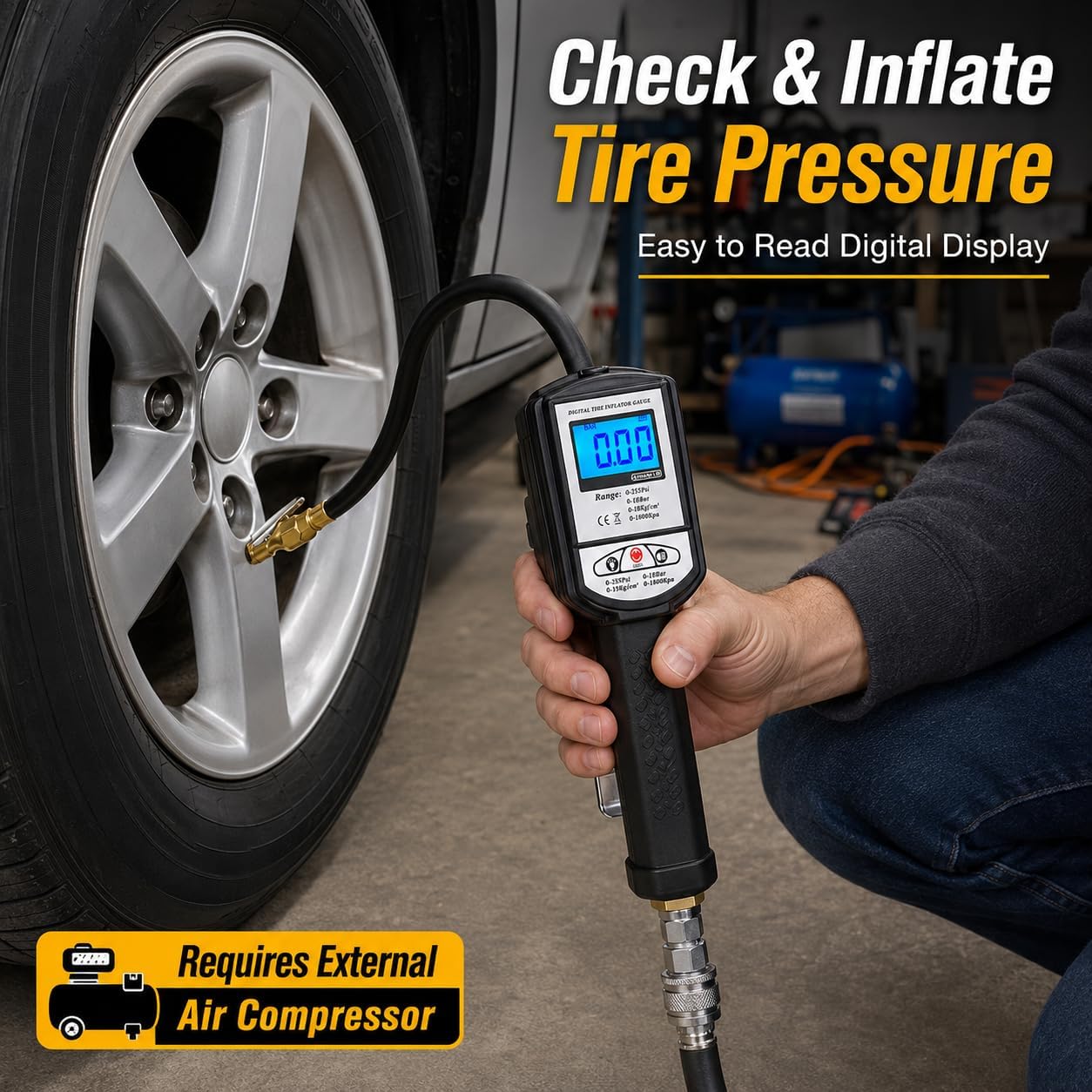 LCD digital tire inflator gauge powered by two AAA batteries