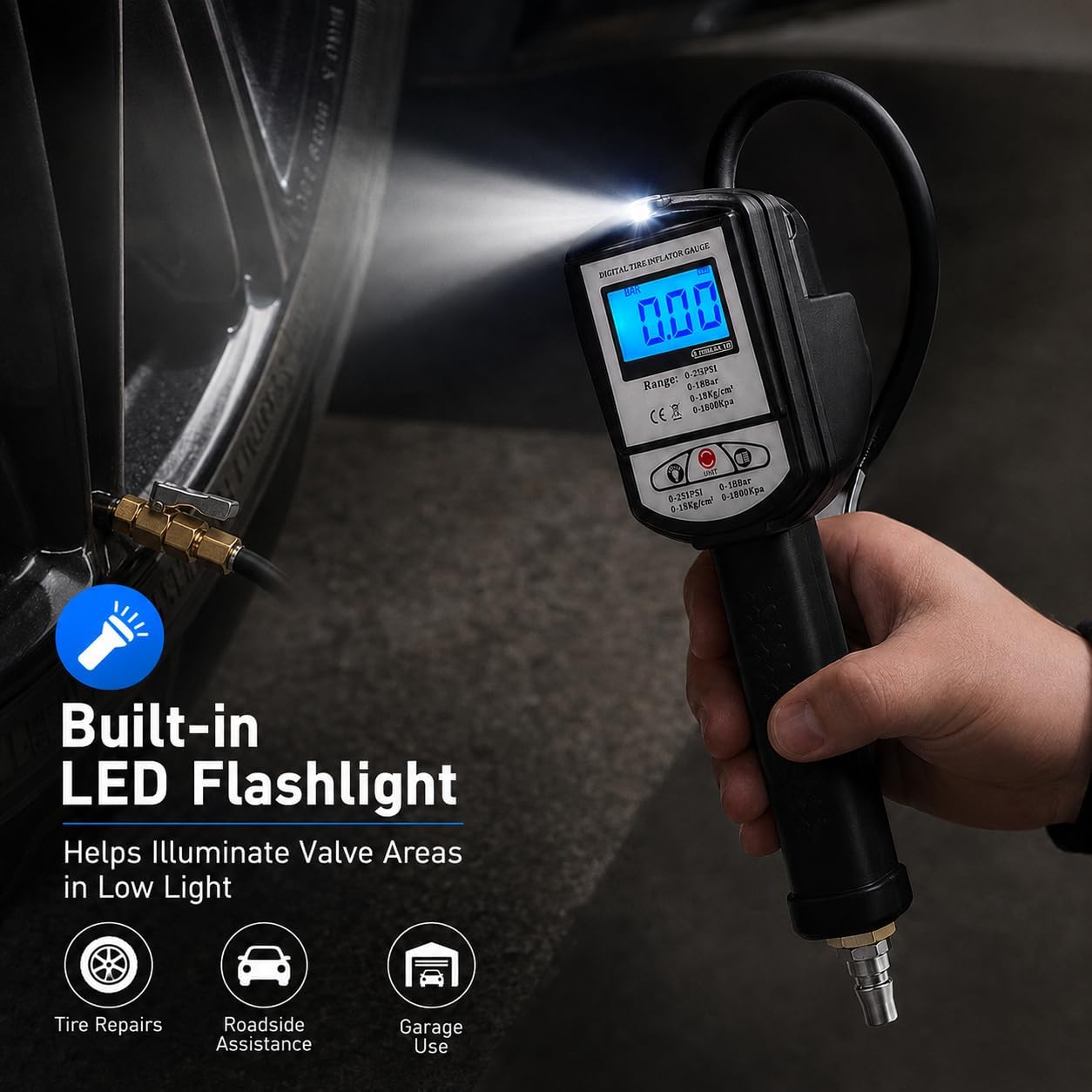 Handheld digital tire pressure inflator gauge with brass air chuck and hose