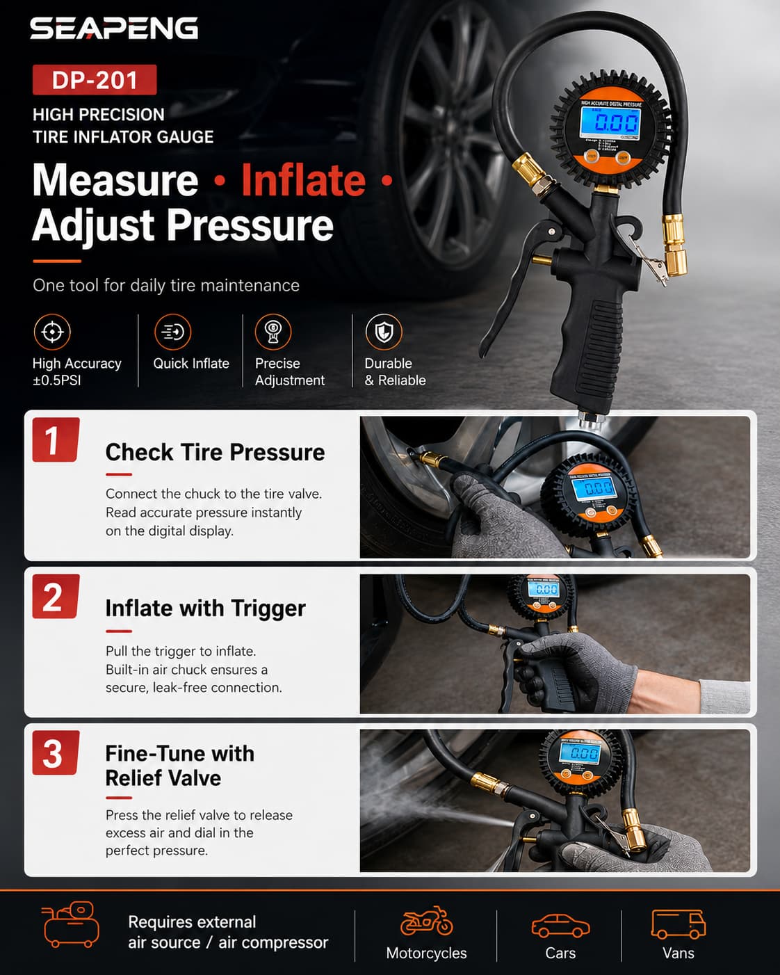SEAPENG DP-201 Digital Tire Pressure Gauge, 5-100 PSI - Image 5