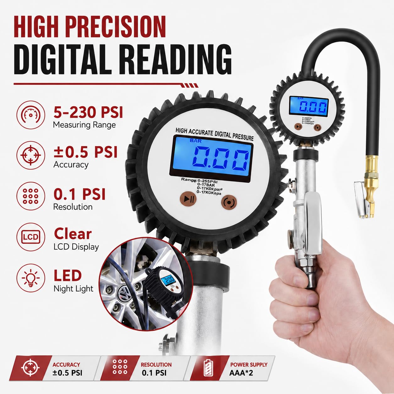 SEAPENG DP-208 Digital Tire Inflator Gauge, 5-230 PSI - Image 6