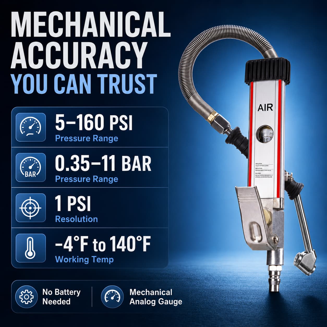 SEAPENG DP-704 Mechanical Tire Inflator Gauge, 5-160 PSI - Image 5