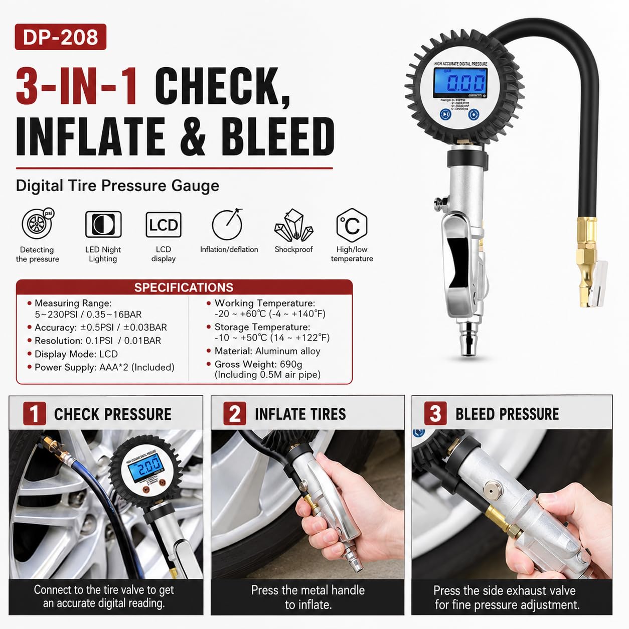 SEAPENG DP-208 Digital Tire Inflator Gauge, 5-230 PSI - Image 3