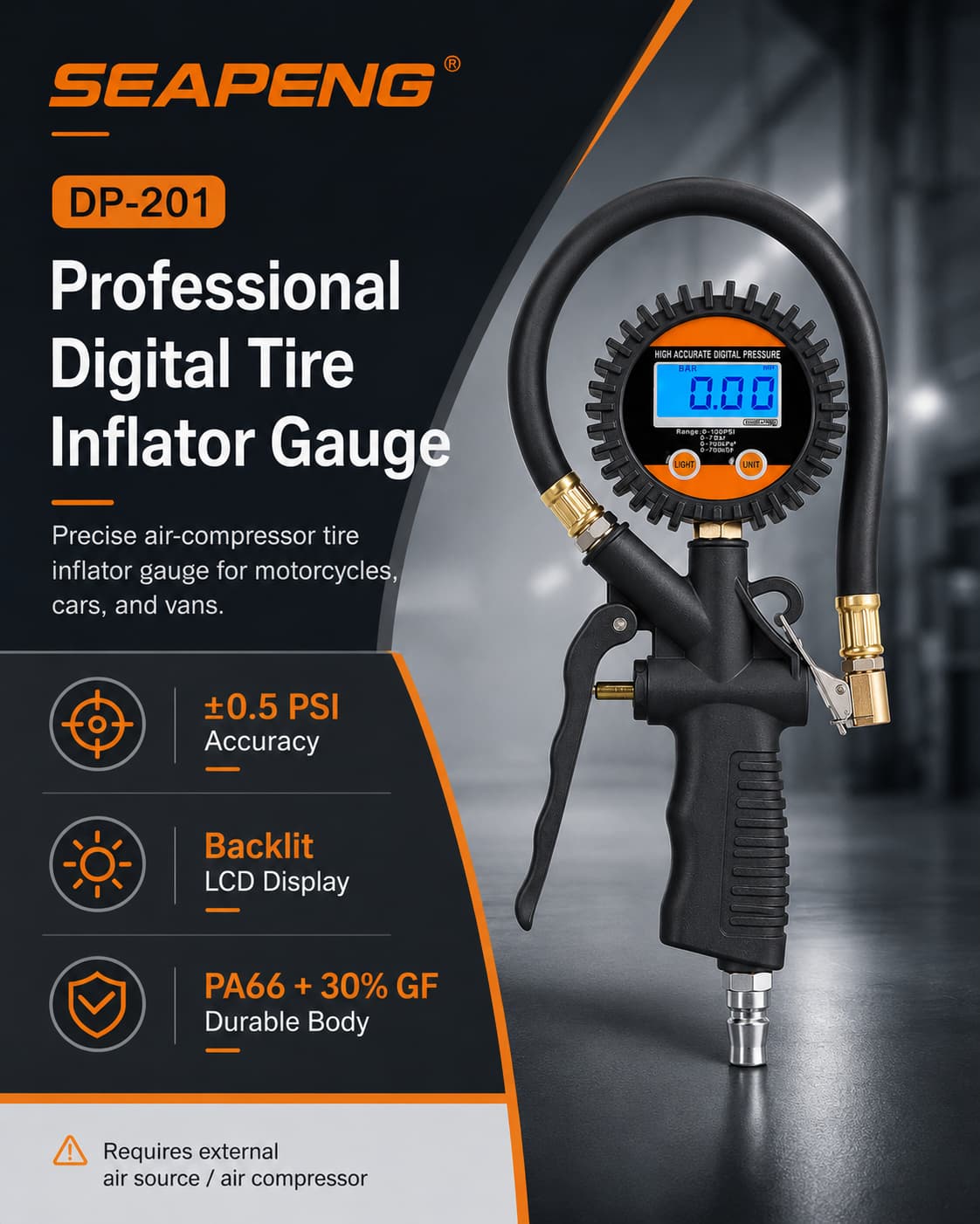 SEAPENG DP-201 Digital Tire Pressure Gauge, 5-100 PSI - Image 4